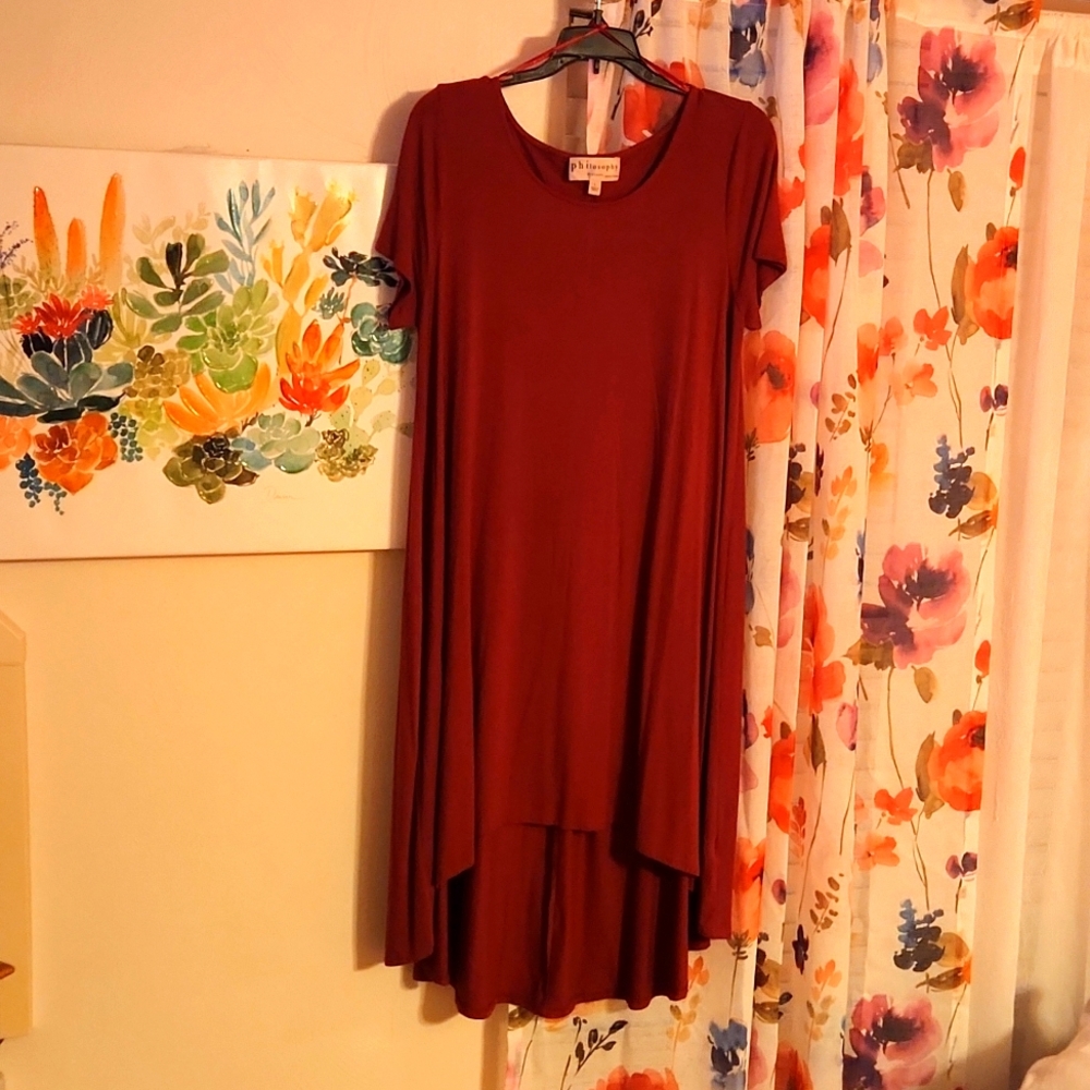 A burgundy short sleeves high and low  flowing dress size L by philosophy for$19